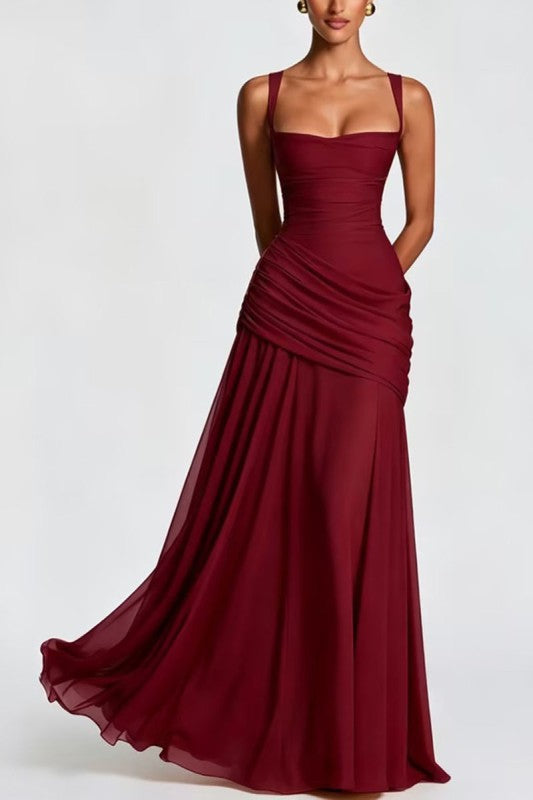 Ruched Strap Square Neck Maxi Dress - Red