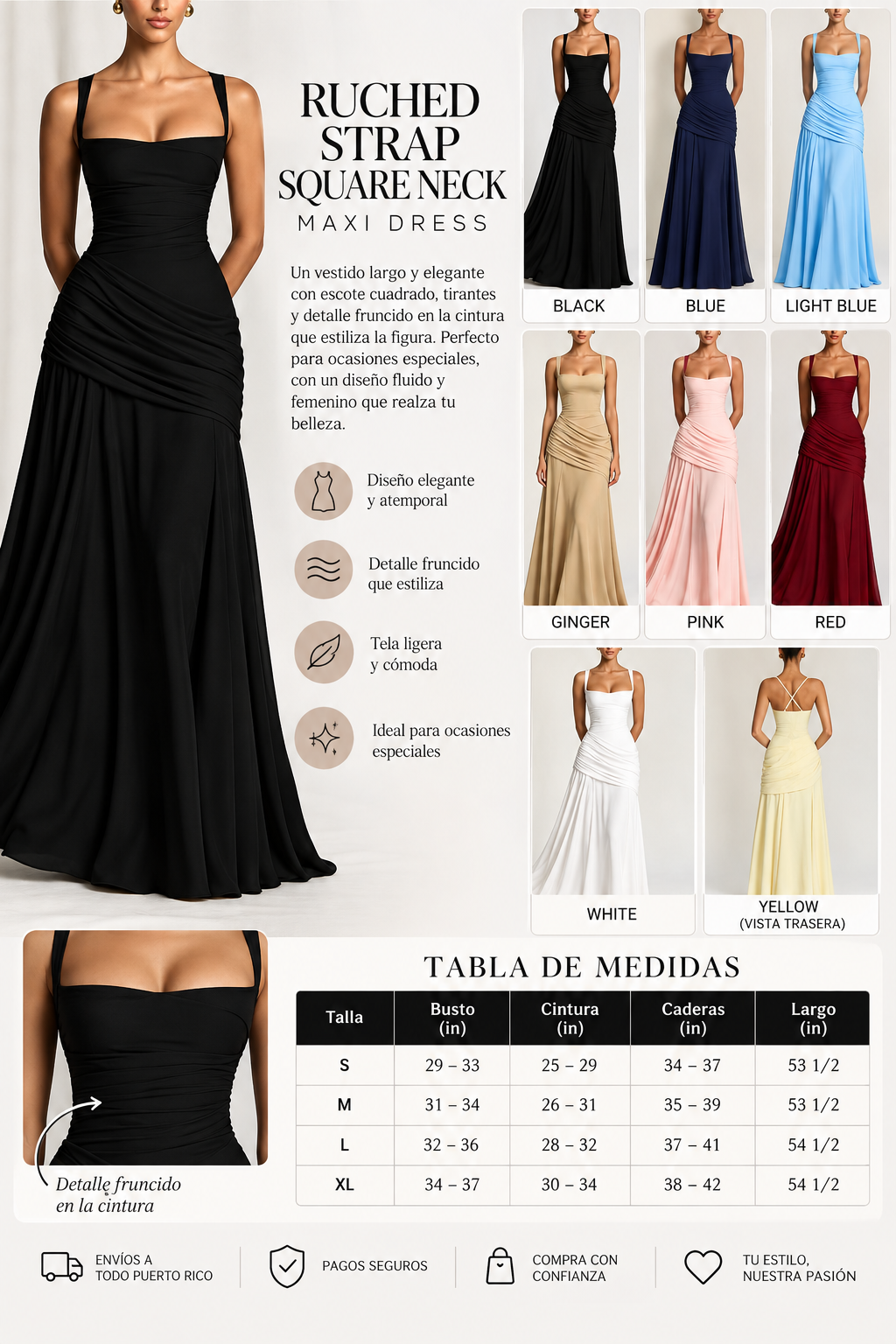 Ruched Strap Square Neck Maxi Dress size guide and colors