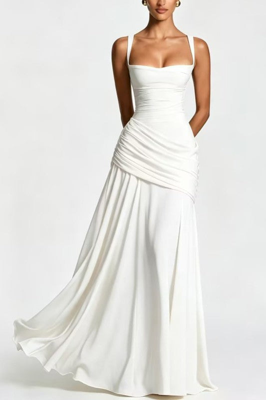 Ruched Strap Square Neck Maxi Dress - White