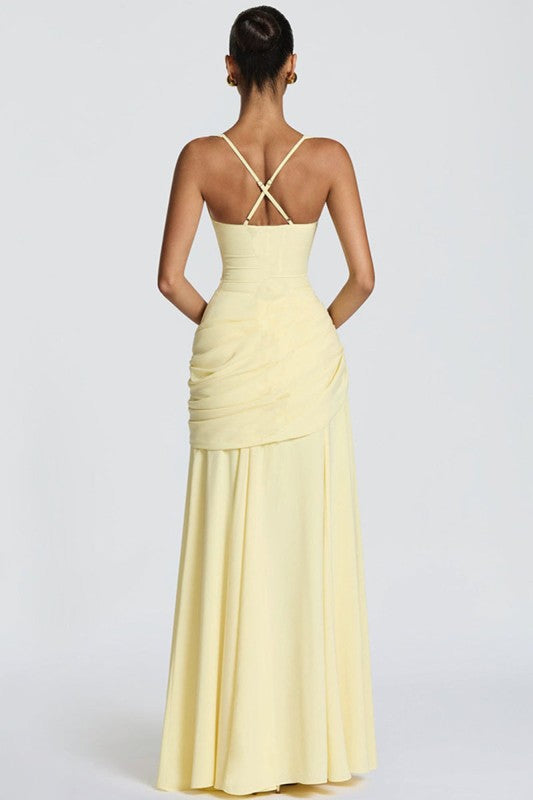 Ruched Strap Square Neck Maxi Dress - Yellow back view