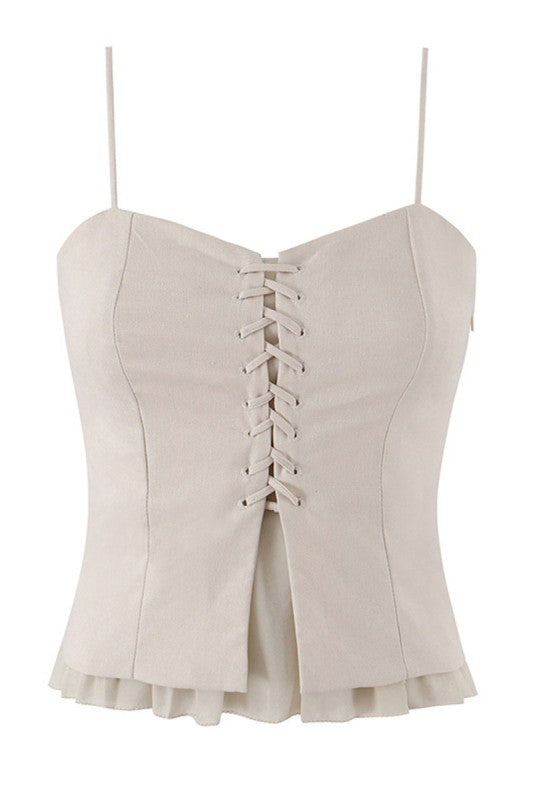 Blusa beige de tirantes con cordones, vista frontal