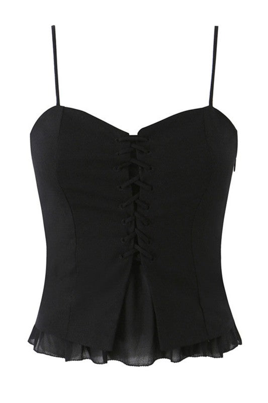 Blusa negra de tirantes con cordones, vista frontal