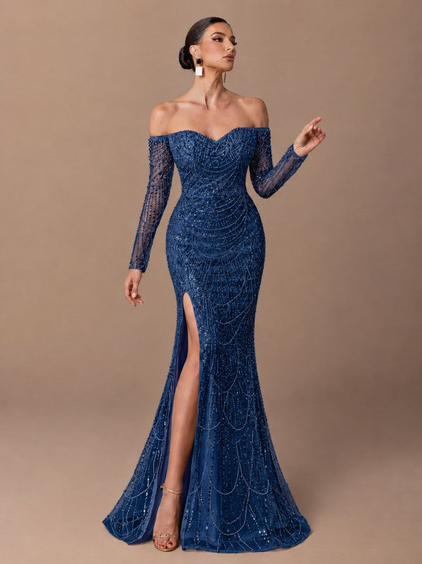 Vestido azul de manga larga 4232-1